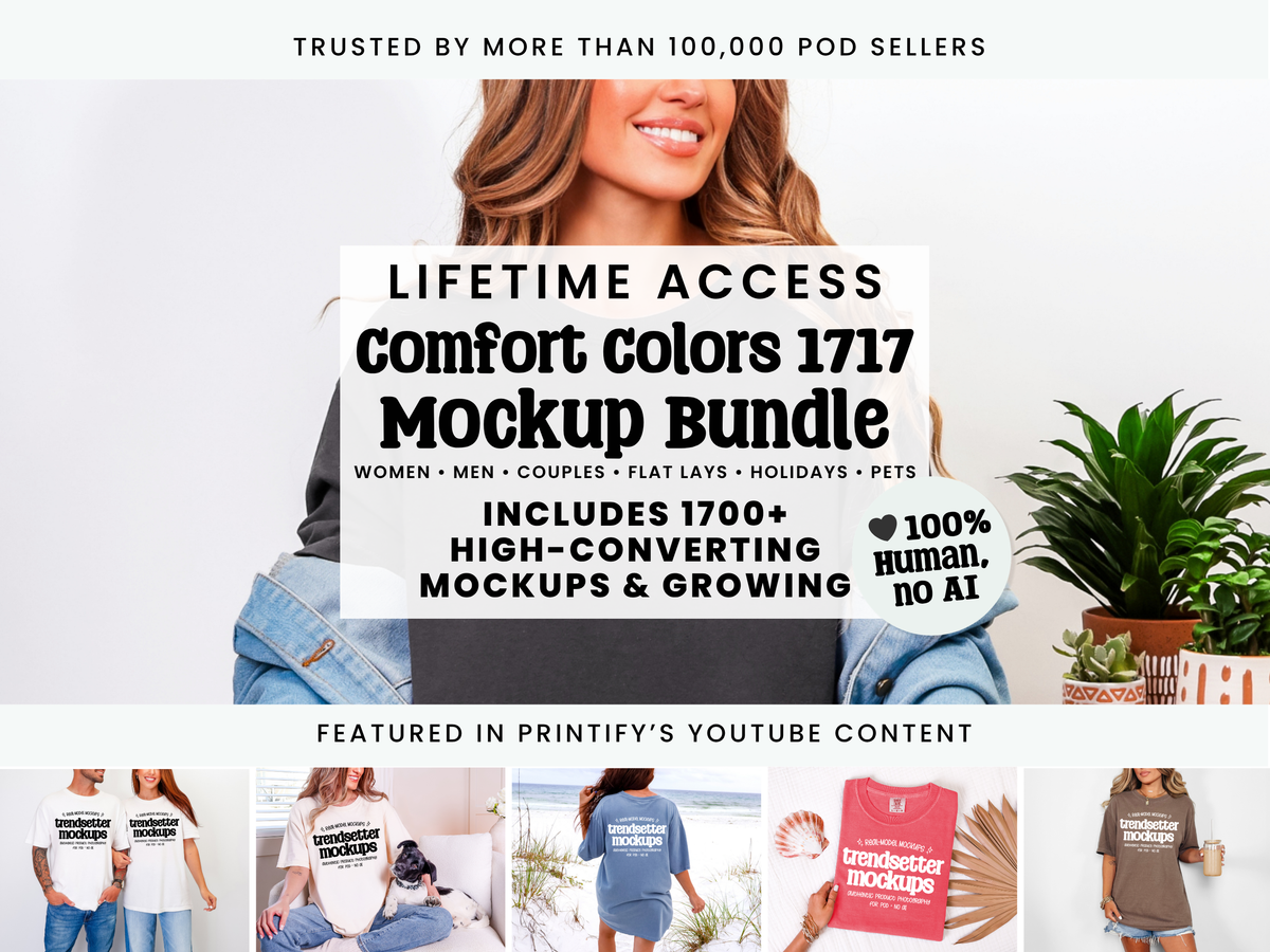 Promotional cover graphic for the Comfort Colors 1717 Lifetime Access Mockup Bundle, featuring a smiling woman modeling a t-shirt, with 1700+ high-converting mockups and 100% human, no-AI photography
