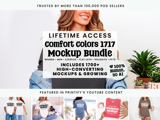 Promotional cover graphic for the Comfort Colors 1717 Lifetime Access Mockup Bundle, featuring a smiling woman modeling a t-shirt, with 1700+ high-converting mockups and 100% human, no-AI photography