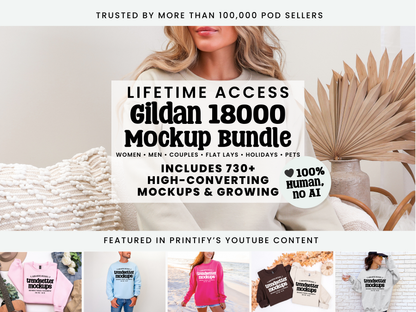 Lifetime Access Gildan 18000 Mockup Bundle cover page: 730+ high-converting mockups, trusted by 100,000 POD sellers
