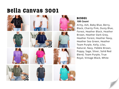 Bella Canvas 3001 t-shirt mockup color options grid with a list of available colors
