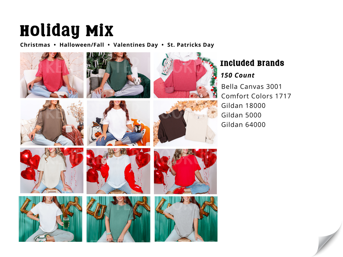 Holiday Mix mockup collage featuring Christmas, Halloween, Valentine's Day and St. Patrick's Day themed apparel