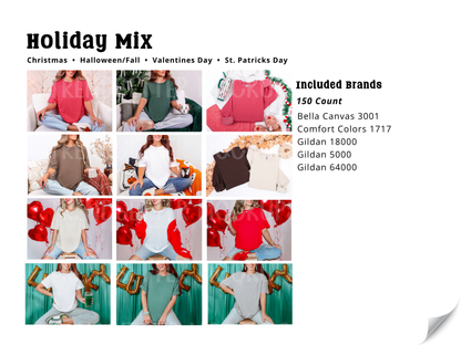Holiday Mix mockup collage featuring Christmas, Halloween, Valentine's Day and St. Patrick's Day themed apparel
