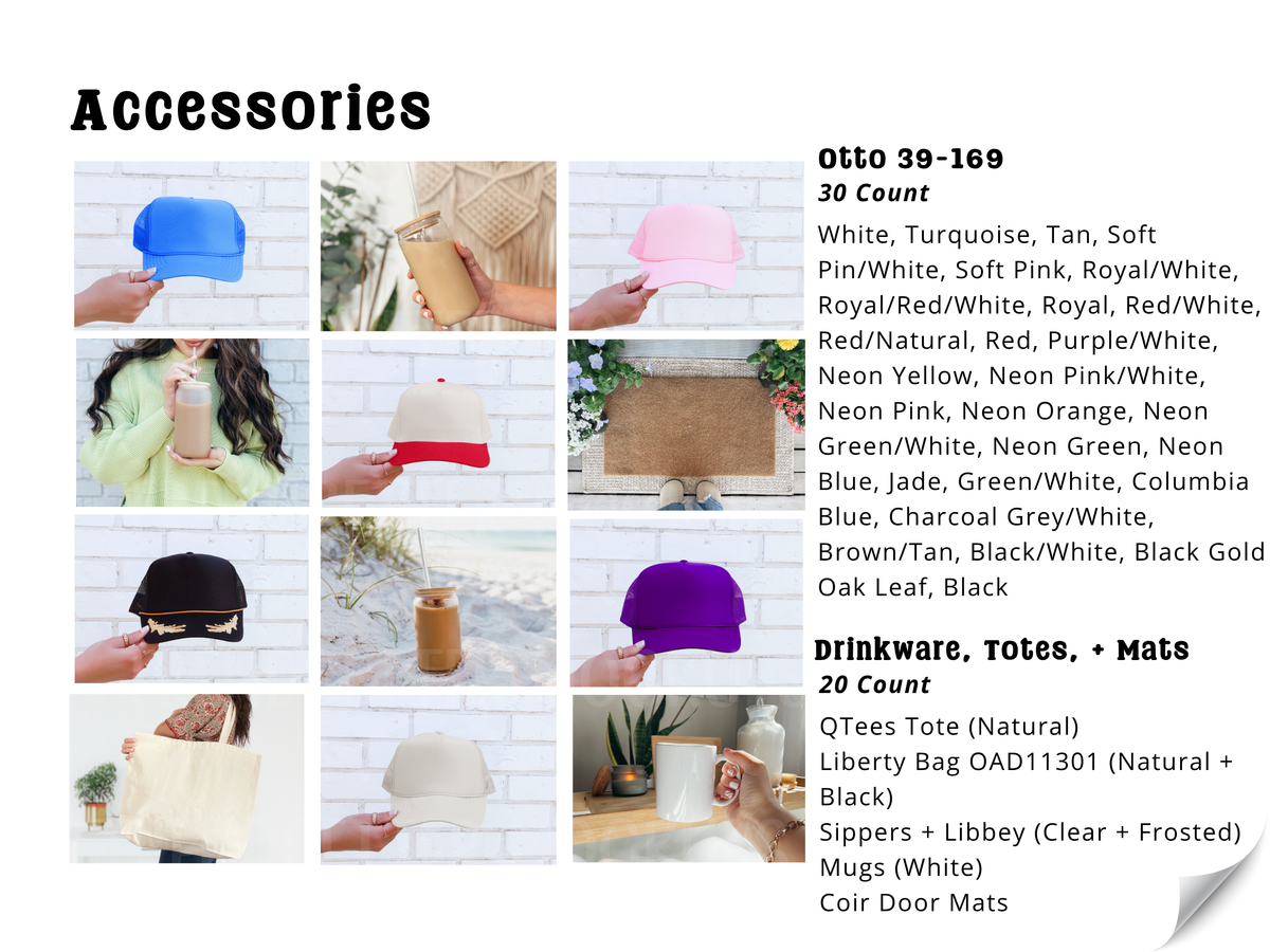 Accessories mockup grid: hats, tote bags, and mugs with color and size options