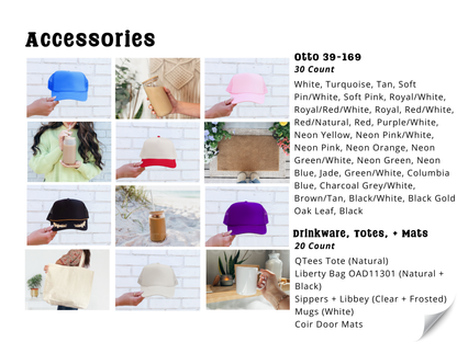 Accessories mockup grid: hats, tote bags, and mugs with color and size options