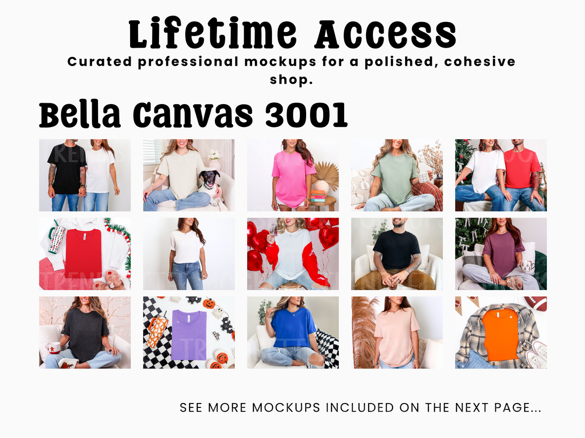 Promotional collage for the Bella Canvas 3001 Lifetime Access mockup bundle showing 15 more photos of models wearing t-shirts in various colors