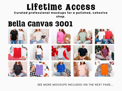 Promotional collage for the Bella Canvas 3001 Lifetime Access mockup bundle showing 15 more photos of models wearing t-shirts in various colors