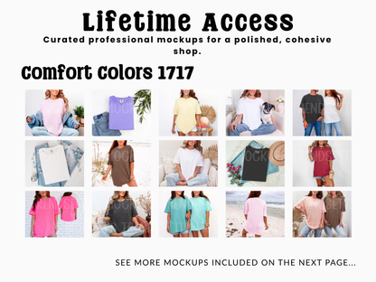 Promotional collage for the Comfort Colors 1717 Lifetime Access mockup bundle showing 15 photos of women wearing t-shirts in various colors