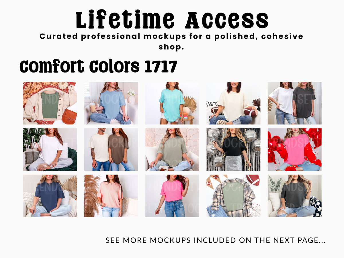 Promotional collage for the Comfort Colors 1717 Lifetime Access mockup bundle showing 15 more photos of models wearing t-shirts in various colors