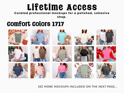 Promotional collage for the Comfort Colors 1717 Lifetime Access mockup bundle showing 15 more photos of models wearing t-shirts in various colors