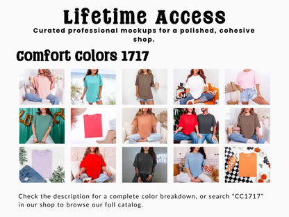 Promotional collage for the Comfort Colors 1717 Lifetime Access mockup bundle showing 15 photos of models wearing t-shirts in various colors