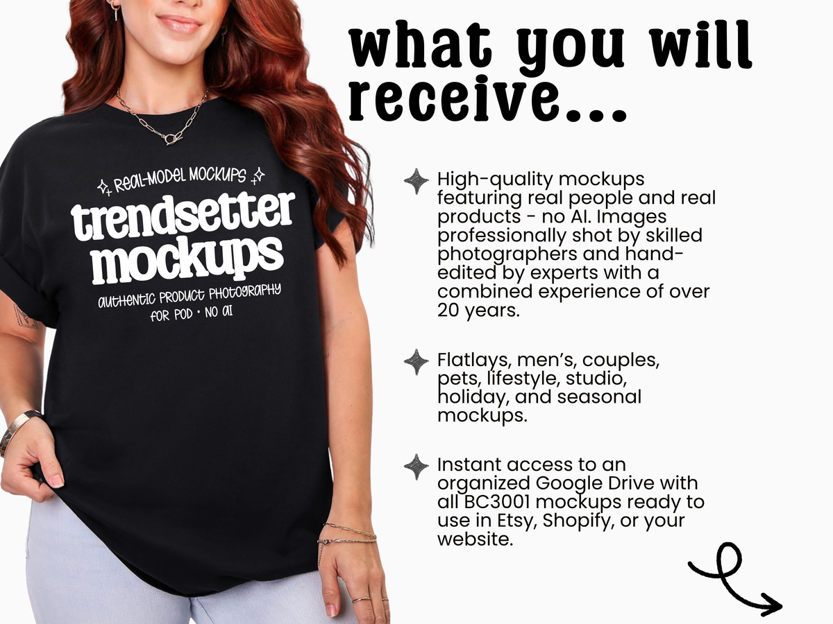 Promotional graphic for Trendsetter Mockups showing a woman wearing a black t-shirt beside a "what you will receive" list describing real-model, no-AI mockups, flatlays, and instant Google Drive access