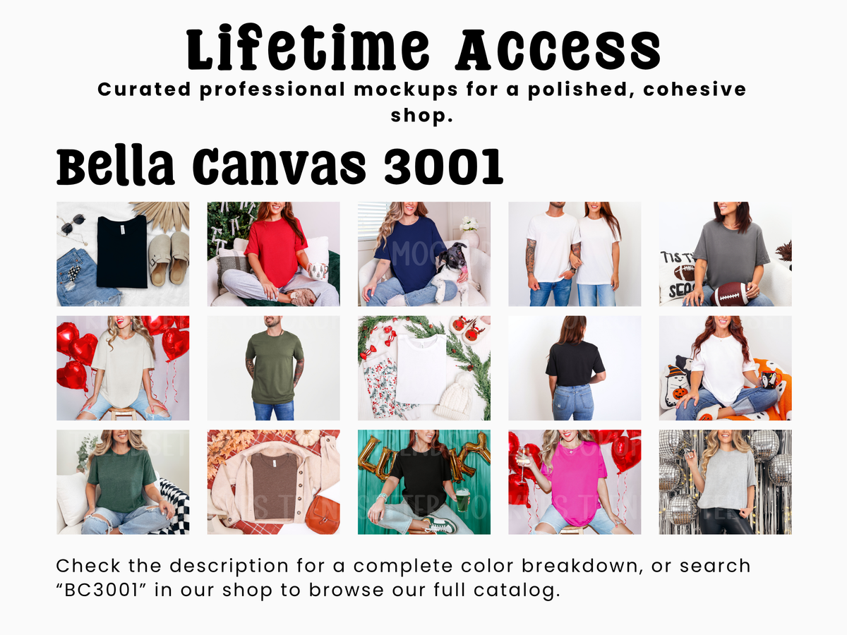 Promotional collage for the Bella Canvas 3001 Lifetime Access mockup bundle showing 15 photos of women wearing t-shirts in various colors