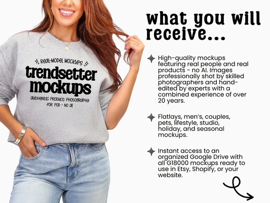What you will receive page: real-model mockups by Trendsetter Mockups, no AI, high-quality photography