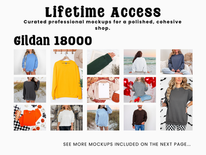 Lifetime Access Gildan 18000 sweatshirt and top mockup collage, page 2