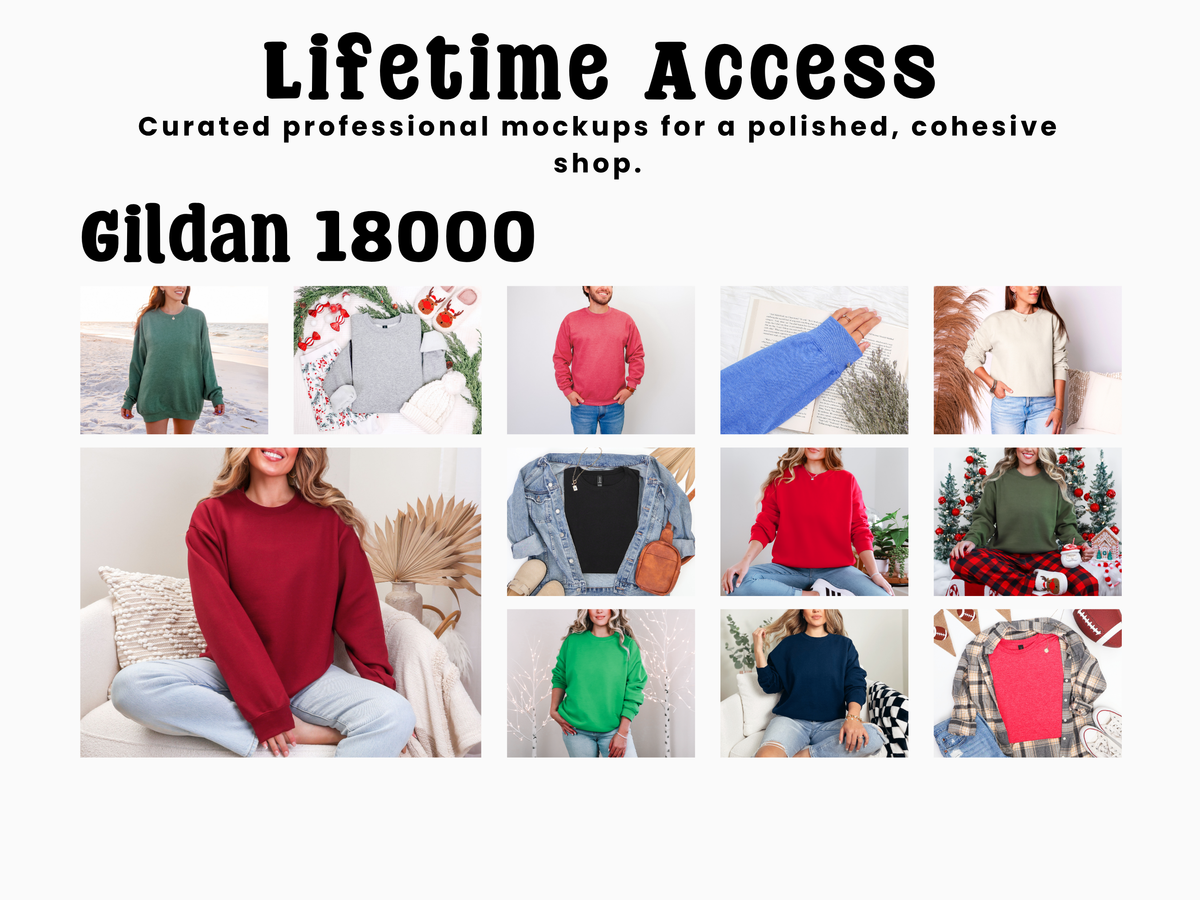 Lifetime Access Gildan 18000 sweatshirt mockup collage in various colors and styles