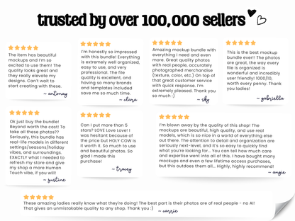 Promotional graphic titled "trusted by over 100,000 sellers" featuring six five-star customer reviews praising Trendsetter Mockups quality and ease of use