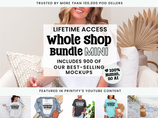 Whole Shop Bundle Mini promotional graphic: lifetime access to 900 best-selling mockups, trusted by 100,000+ POD sellers